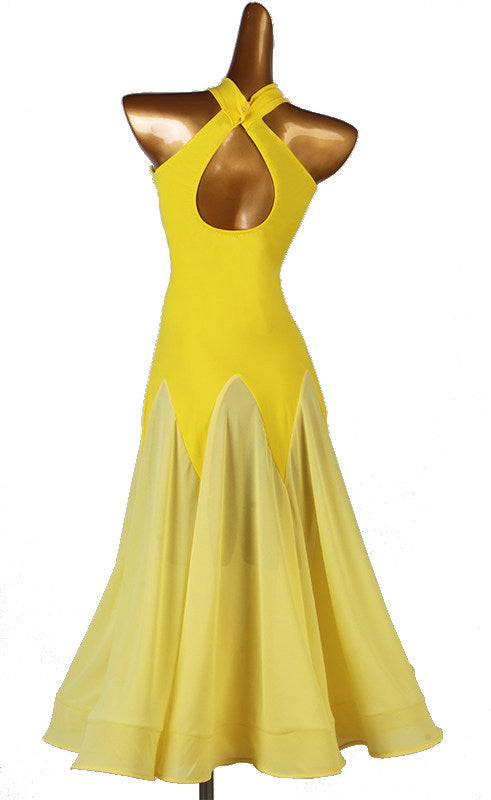 Back of the yellow halter ballroom dress with the crossed neckband