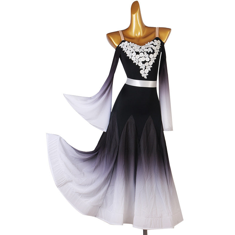 Black version of the lace applique ballroom dress with white ombre hem