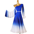 Royal blue one shoulder ballroom dance dress with white flounce sleeves