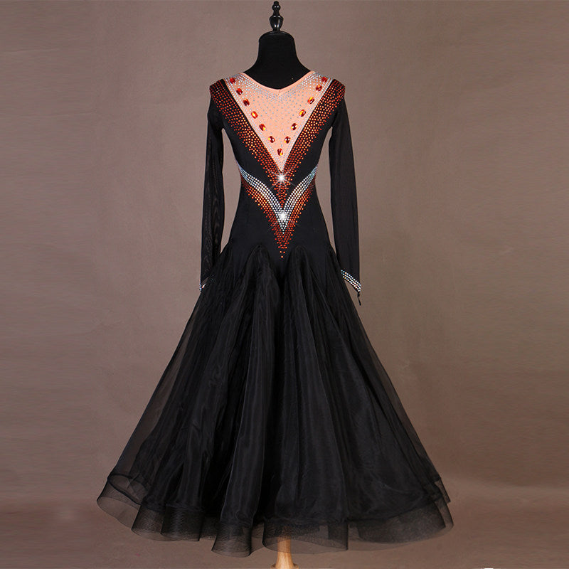 Black ballroom dance dress with tulle swing skirt spread wide