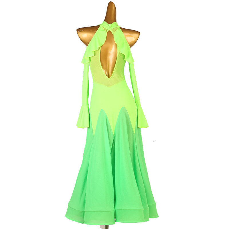 Neon green ruffle halter ballroom dance dress seen from the back