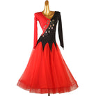 Red and black colour block ballroom competition dress on the mannequin