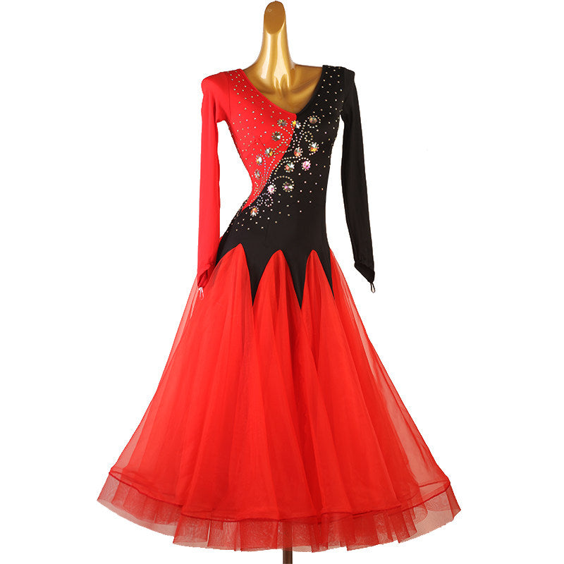 Red and black colour block ballroom competition dress on the mannequin