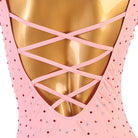 Close up of the ribbon lacing and rhinestones on the pink open back