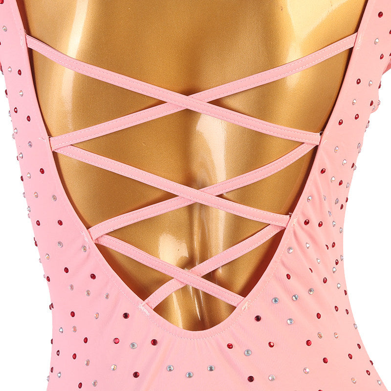 Close up of the ribbon lacing and rhinestones on the pink open back