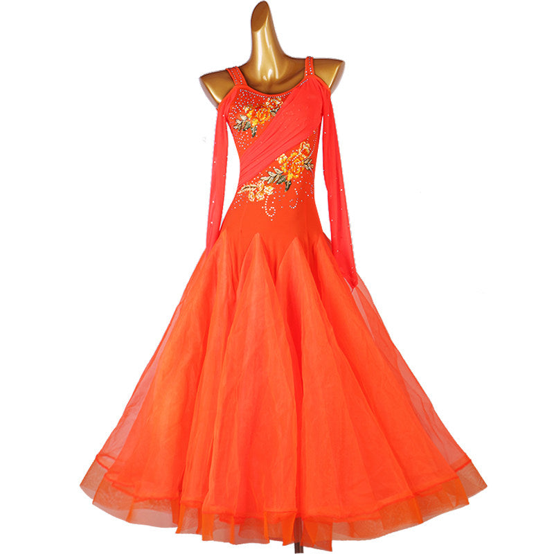 Orange cold shoulder ballroom dance dress with full tulle skirt