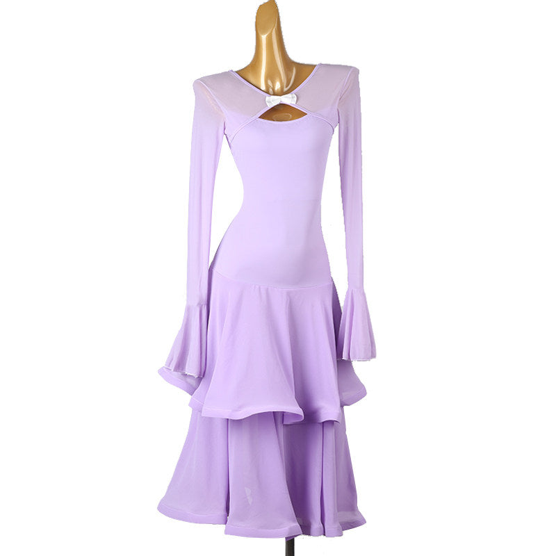 Lavender two tier ruffle ballroom dress with the bell sleeves hanging