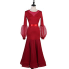 Red ballroom practice dress front view with the full circle mesh skirt hanging straight