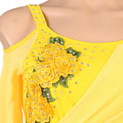 Close up of the yellow rose applique and rhinestones on the draped panel