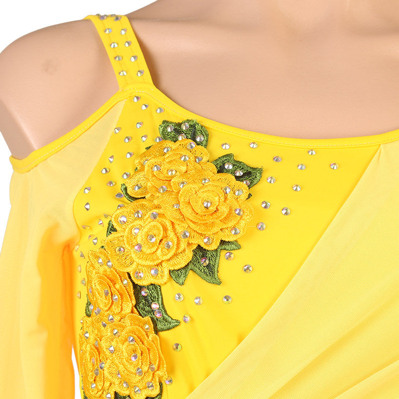 Close up of the yellow rose applique and rhinestones on the draped panel