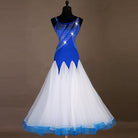 Blue and white ballroom competition dress with rhinestone one shoulder bodice