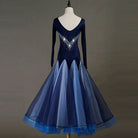 Navy ballroom gown back view showing the open V back