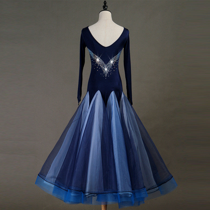 Navy ballroom gown back view showing the open V back