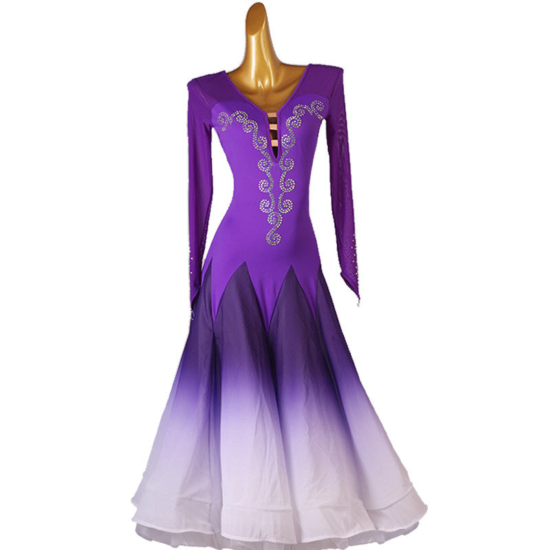 Purple silver scroll ballroom competition dress with the chiffon skirt swept out