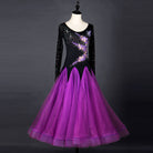 Purple ballroom gown three quarter view, tulle skirt spread wide
