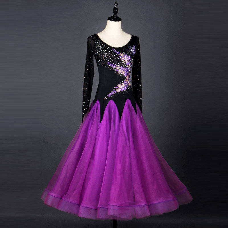 Purple ballroom gown three quarter view, tulle skirt spread wide