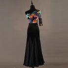 Floral print one shoulder ballroom dance dress with black swing skirt