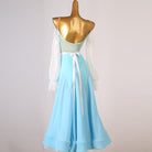 Light blue dance dress with the lace sleeves and satin sash seen from the front