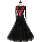 Black rose applique ballroom gown front view with skirt spread