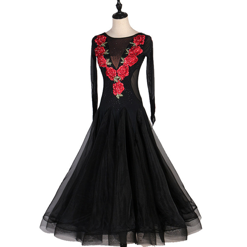 Black rose applique ballroom gown front view with skirt spread
