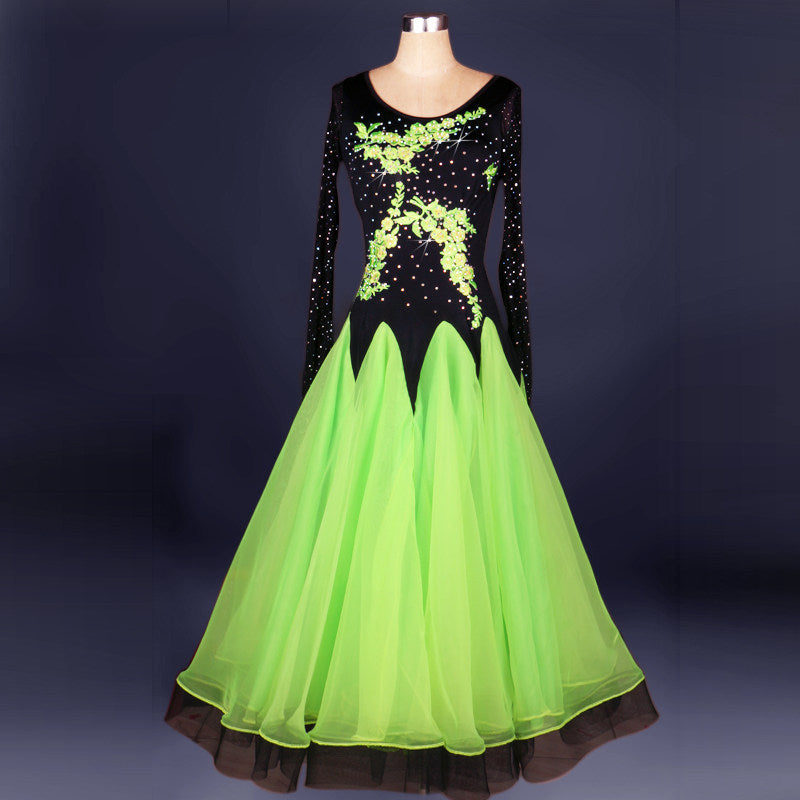 Green organza ballroom competition dress with rhinestone flame bodice