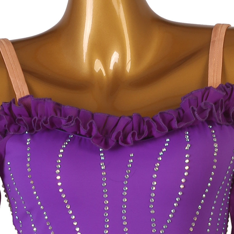Close up of the ruffled bardot neckline and rhinestone lines on the purple bodice