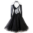 Black ballroom dance dress back view showing the deep V back