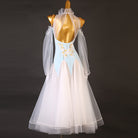 Back of the light blue competition dress with the tulle collar standing up