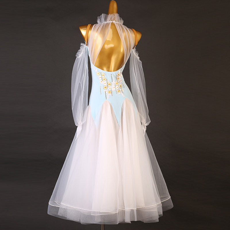 Back of the light blue competition dress with the tulle collar standing up