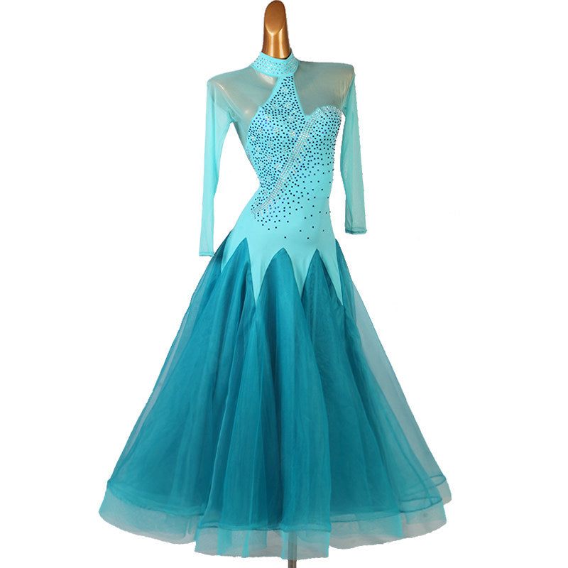 Turquoise ballroom dance dress with beaded swirl bodice