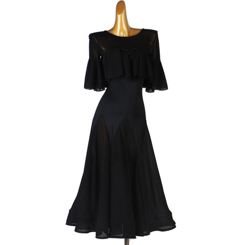 Black practice dress front view with the cape ruffle over the arms