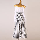White and black polka dot version of the bardot ruffle ballroom dress