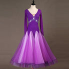 Purple ombre ballroom competition dress with rhinestone crossover waist