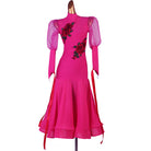 Rose red ballroom dance dress with embroidered roses and flared chiffon skirt