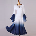 White and navy ombre ballroom dance dress with tiered chiffon bell sleeves