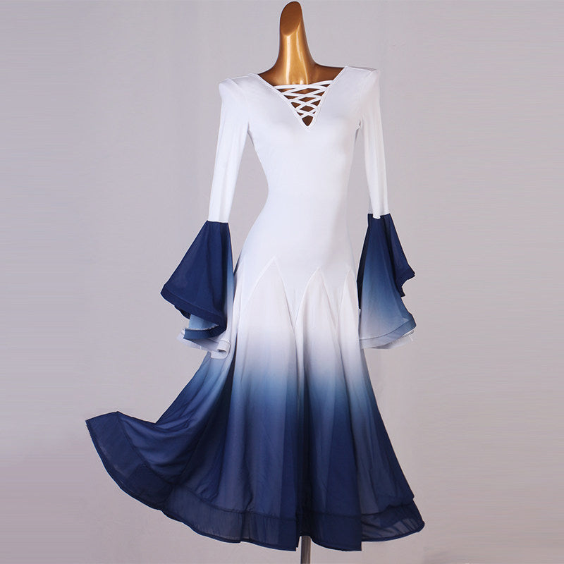 White and navy ombre ballroom dance dress with tiered chiffon bell sleeves