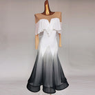Ballroom dance dress with off shoulder ruffle and black to white ombre skirt