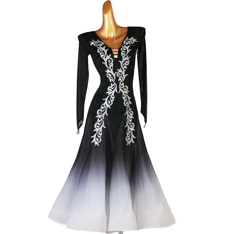 Black bodice ballroom competition dress with silver baroque embroidery and white ombre skirt