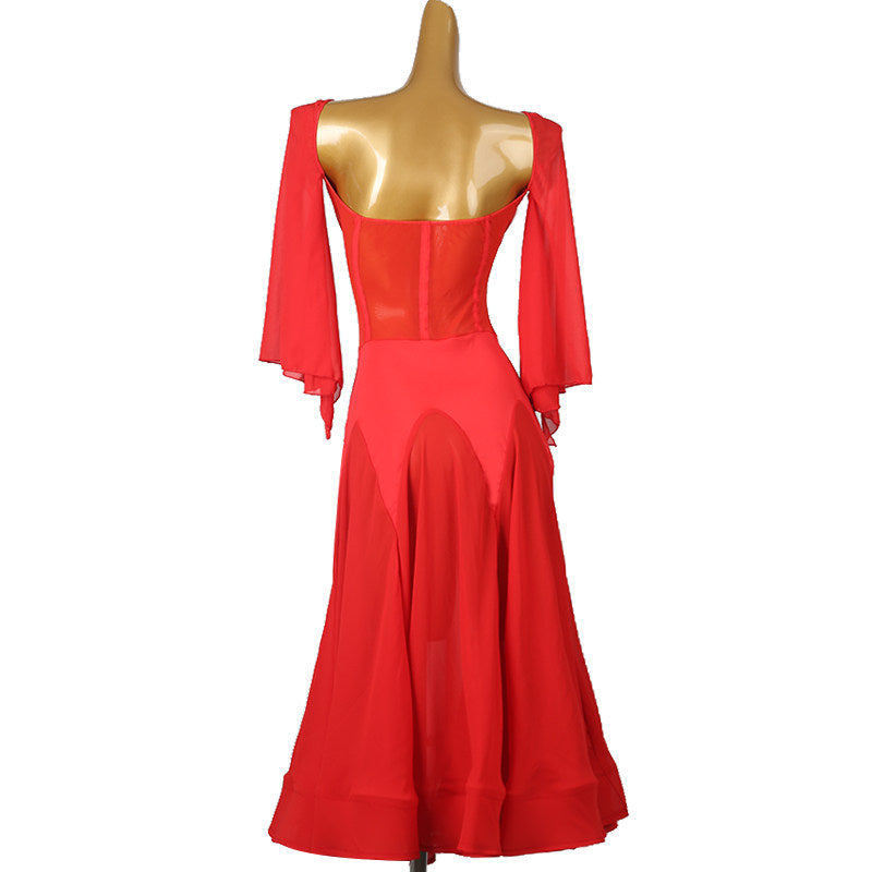 Back view of the red ballroom dance dress with the low scooped back