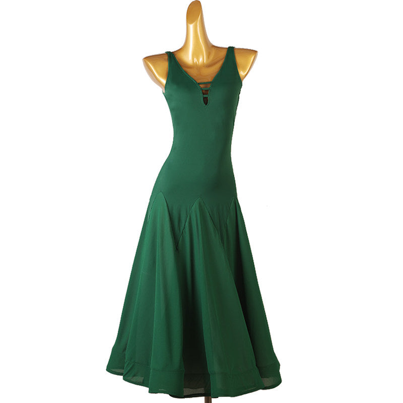 Dark green sleeveless ballroom practice dress on the mannequin