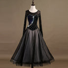 Black ballroom gown with rhinestone bodice and black tulle overlay skirt
