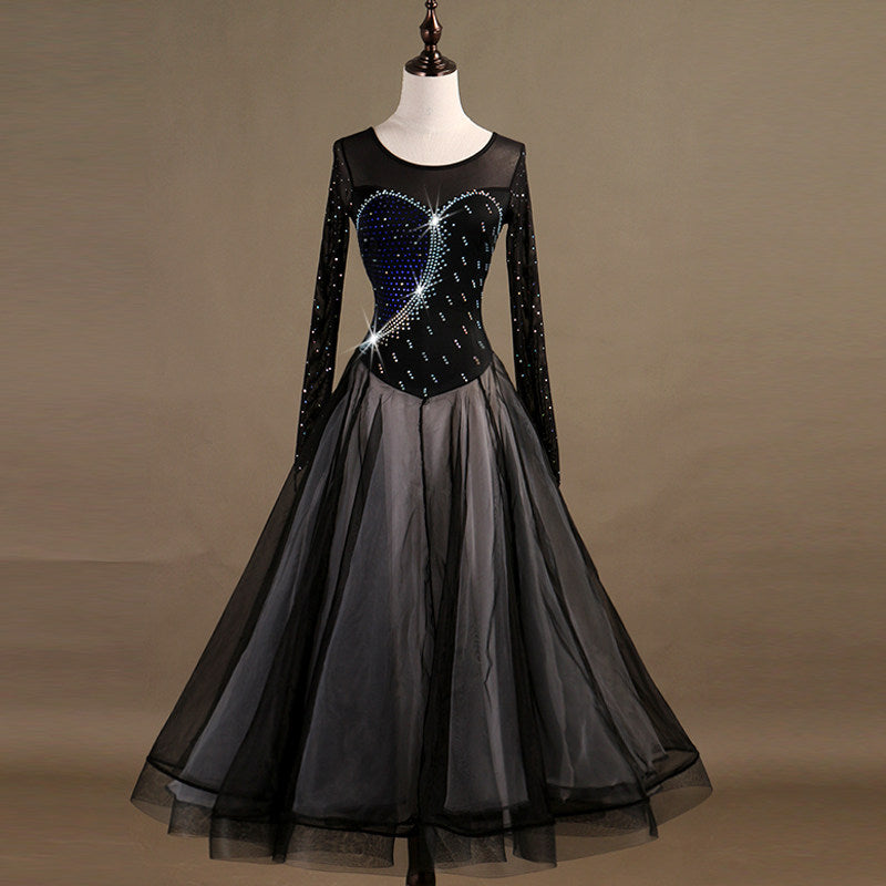 Black ballroom gown with rhinestone bodice and black tulle overlay skirt