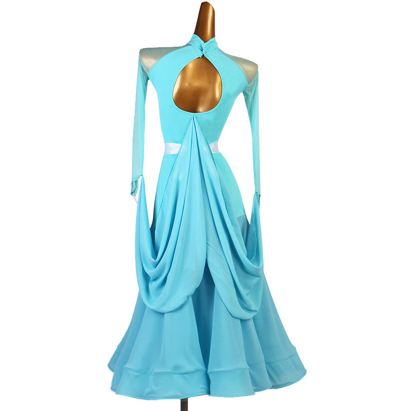 Light blue ballroom dress with the draped hip swag seen from the side