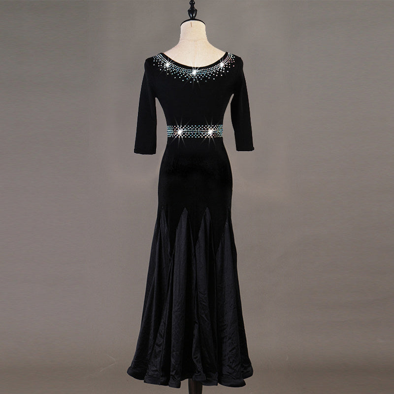 Black ballroom dance dress back view with covered back and half sleeves