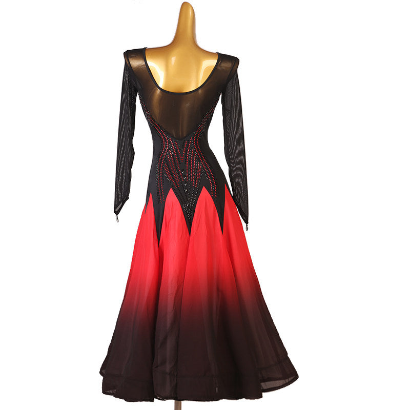Black bodice version of the sequin ballroom dress with red to black ombre skirt