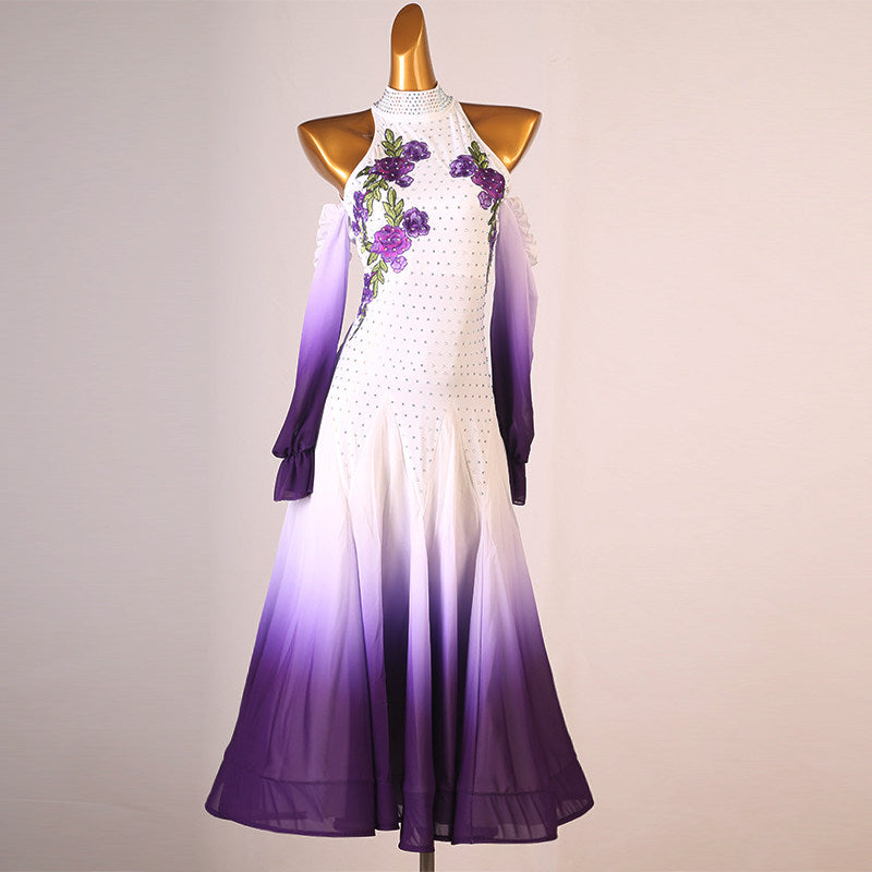 White and purple version of the rose embroidered halter ballroom dress