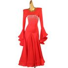 Red rhinestone ballroom competition dress with the godet skirt hanging
