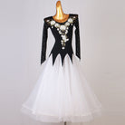 Black and white floral applique ballroom dress with pointed waist panels