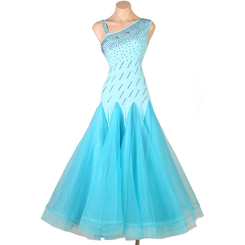Turquoise version of the asymmetric strap ballroom dance dress
