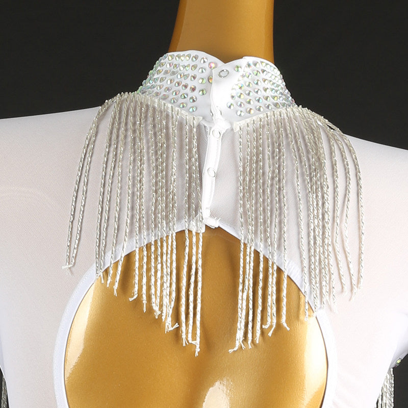 Close up of the beaded fringe strands over the shoulders